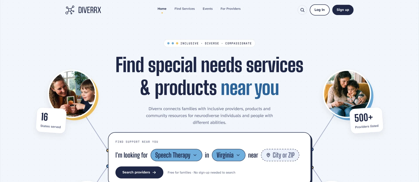 The Diverrx home page: “Find special needs services & products near you”, with a search by service, state and city.
